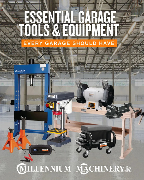 Essential garage equipment including a bench drill, grinder, heater, generator, hydraulic jack and workshop workbench.
