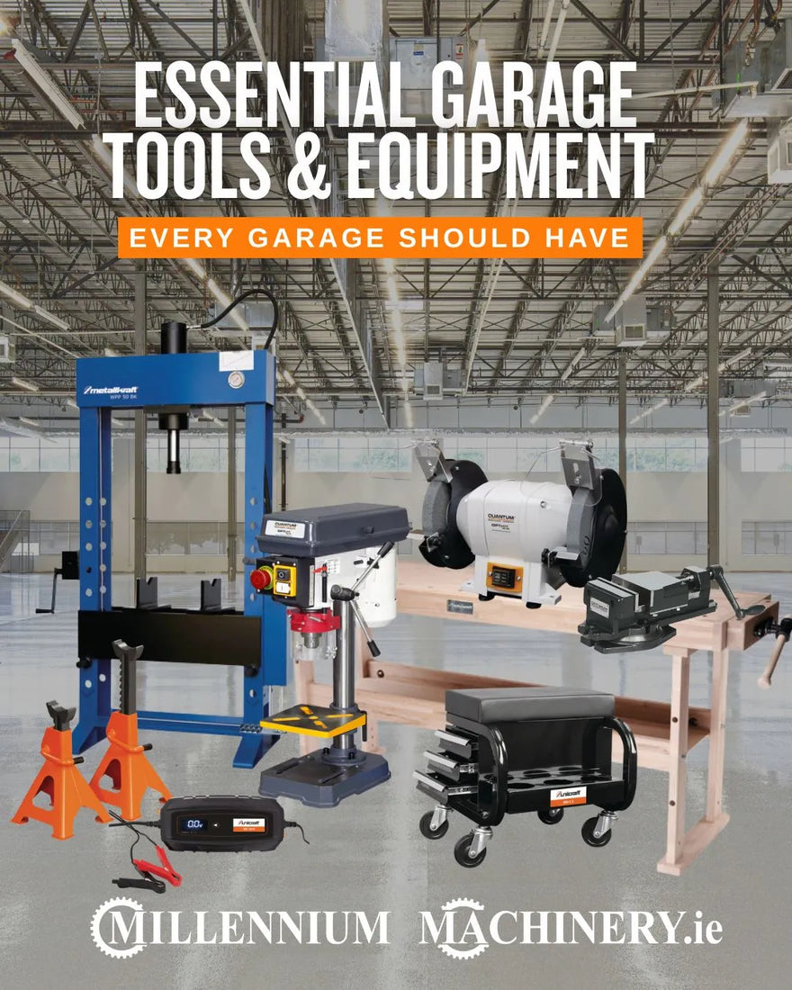 Essential garage equipment including a bench drill, grinder, heater, generator, hydraulic jack and workshop workbench.