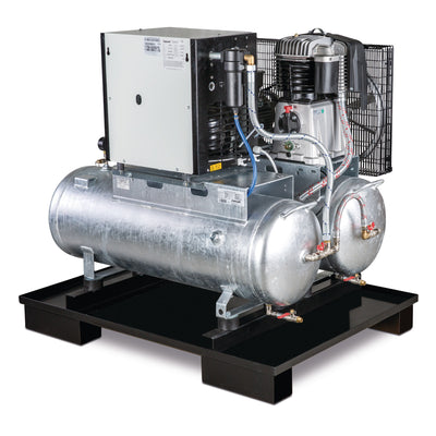 Stationary piston compressor with 2x 100 liter compressed air tanks and refrigeration dryer AIRPROFI DUO 703 / 2x100 / 10K