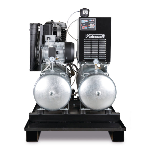 Stationary piston compressor with 2x 100 liter compressed air tanks, refrigerant dryer, fine filter, steam trap and conditioner AIRPROFI DUO 853 / 2x100 / 10KK