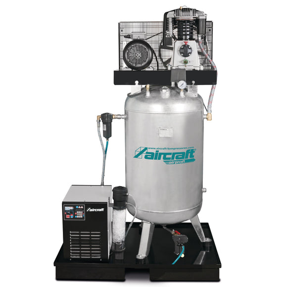 Stationary piston compressor with refrigerant dryer, fine filter, condensate conditioner for oil-water separation and automatic steam trap AIRPROFI 853/270/10 VKK