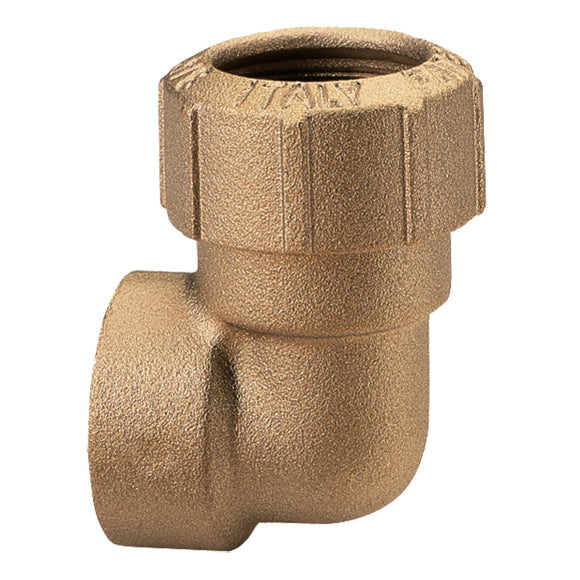 Angled screw-on connector 90° (brass) 32 mm OD / G1" IT