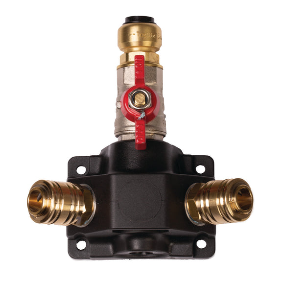 End distribution box with two one-hand couplings and stopcock 15 mm