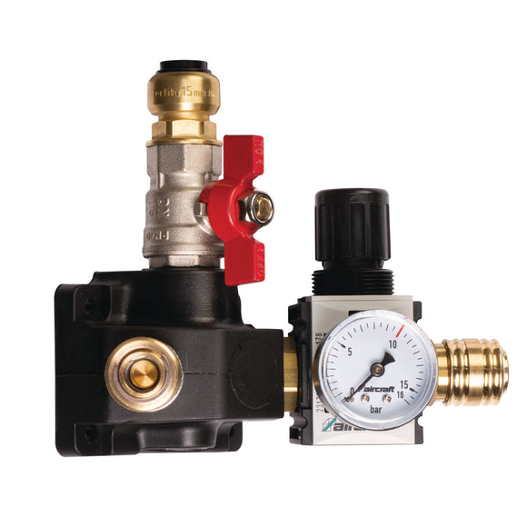 End distribution box with two one-hand clutches, stopcock and pressure regulator 12 bar 22 mm