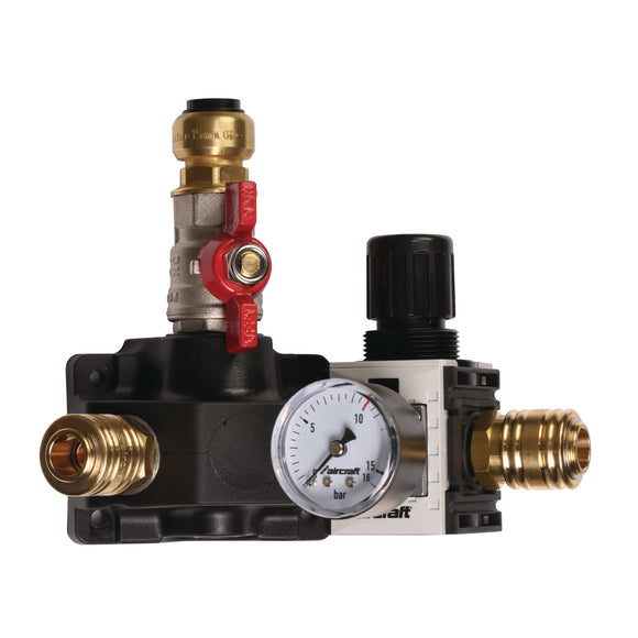 End distribution box with two one-hand clutches, stopcock and pressure regulator 12 bar 18 mm