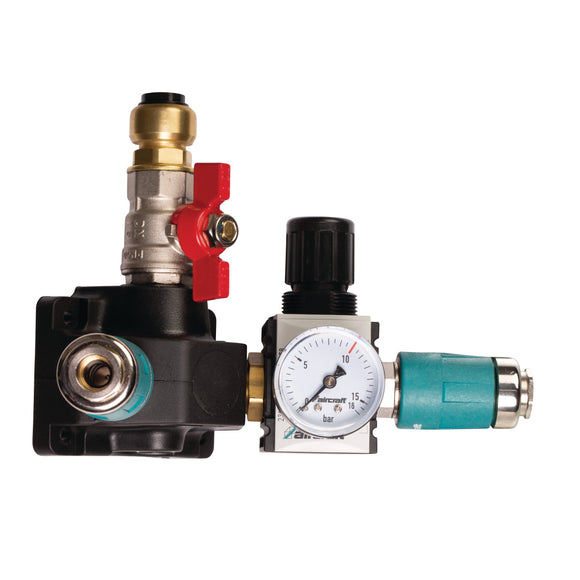 End distribution box with two safety couplings, shut-off valve and pressure regulator 12 bar 22 mm