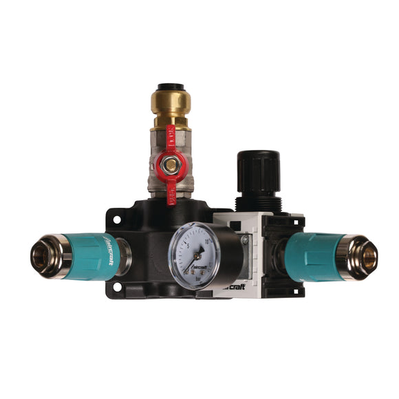 End distribution box with two safety couplings, shut-off valve and pressure regulator 12 bar 15 mm