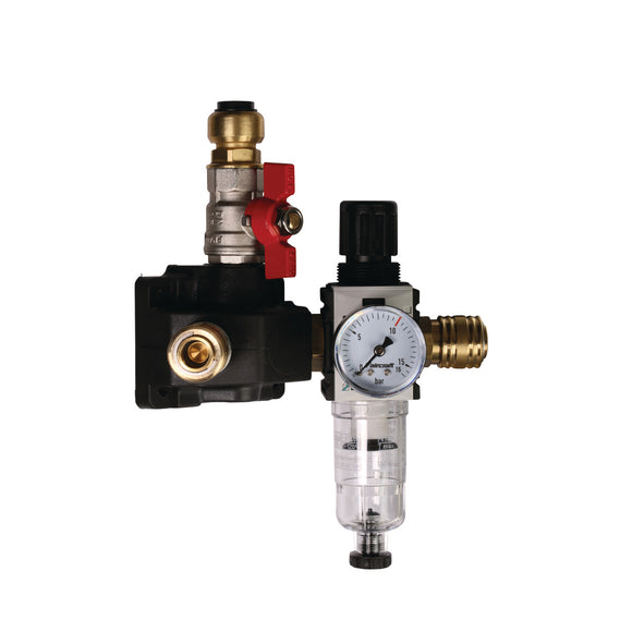 End distribution box with two single-hand couplings, stopcock and filter pressure regulator 12 bar 18 mm