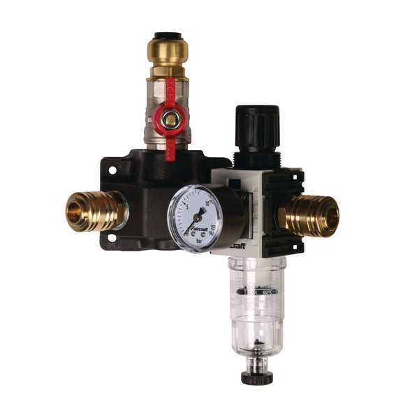 End distribution box with two single-hand couplings, stopcock and filter pressure regulator 12 bar 22 mm