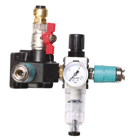 End distribution box with two safety couplings, stopcock and filter pressure regulator 12 bar 15 mm