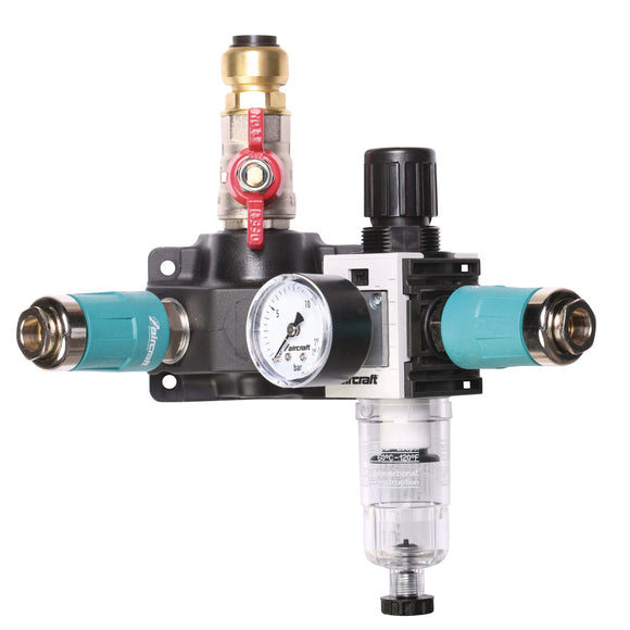 End distribution box with two safety couplings, stopcock and filter pressure regulator 12 bar 15 mm