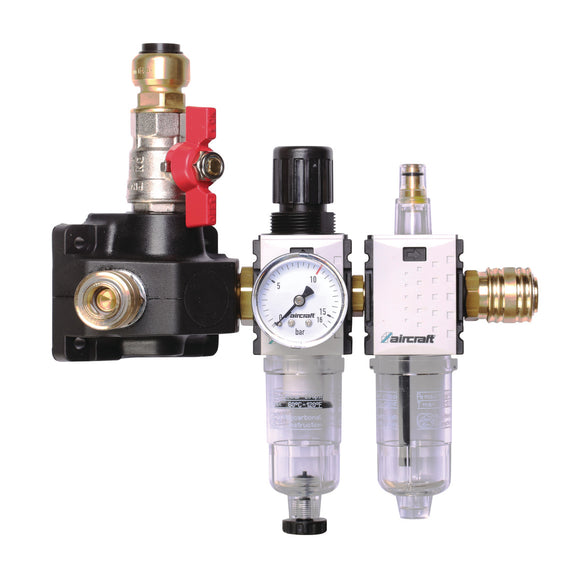 End distribution box with two one-hand couplings, stopcock and filter pressure regulator and mist lubricator 12 bar 22 mm