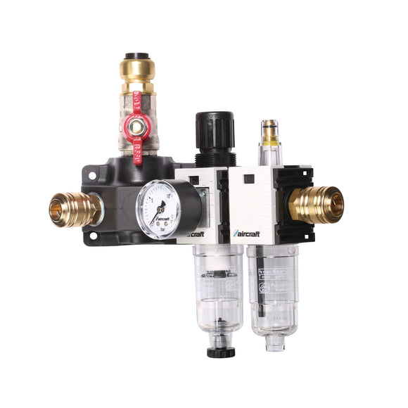 End distribution box with two one-hand couplings, stopcock and filter pressure regulator and mist lubricator 12 bar 22 mm