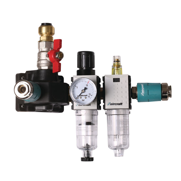 End distributor box with two safety couplings, stopcock and filter pressure regulator and mist oiler 12 bar 18 mm