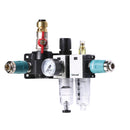 End distributor box with two safety couplings, stopcock and filter pressure regulator and mist oiler 12 bar 18 mm-2