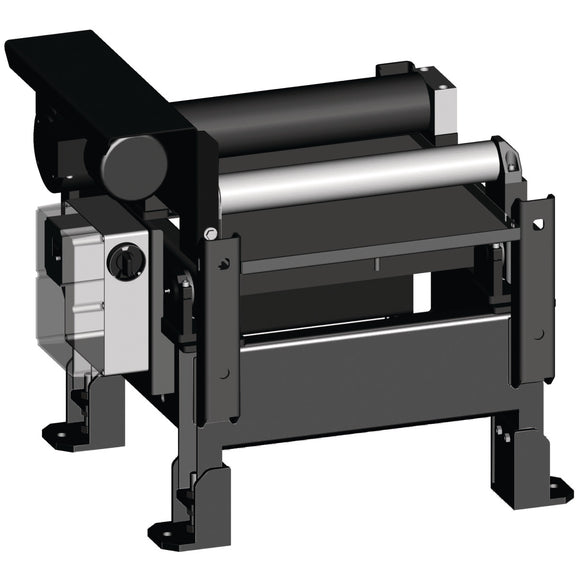 Roller conveyor 900 x 620 mm, motorized, with hydraulically driven lifting roller