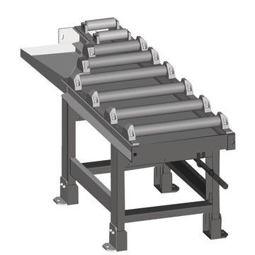 Roller conveyor 2000 x 520 mm, discharge side, motorized, for 60 ° cuts