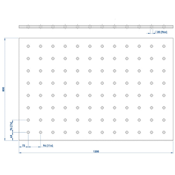 Table top 120x80/160x120 cm, HPL perforated grid plate Ø20 mm, with drawer