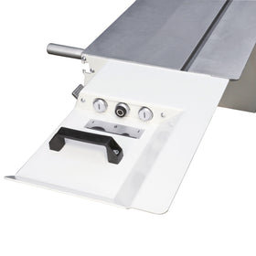 On-off switch for main and scoring saw blade on sliding carriage