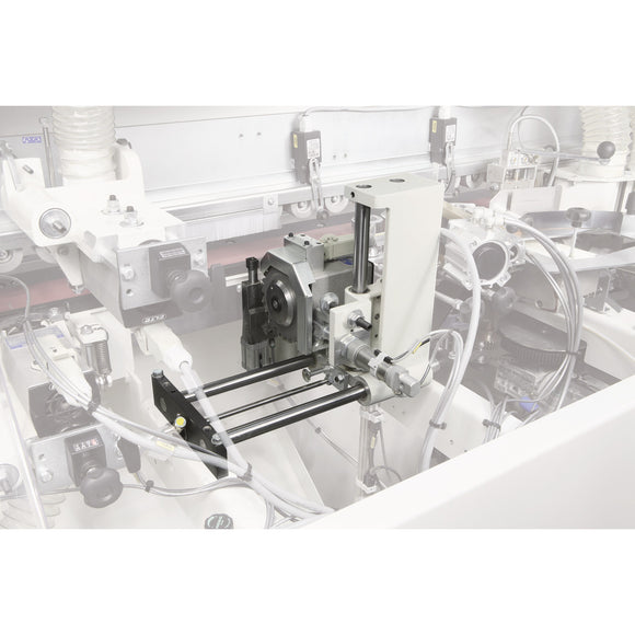 Flush-trimming unit with saw and function corner rounds