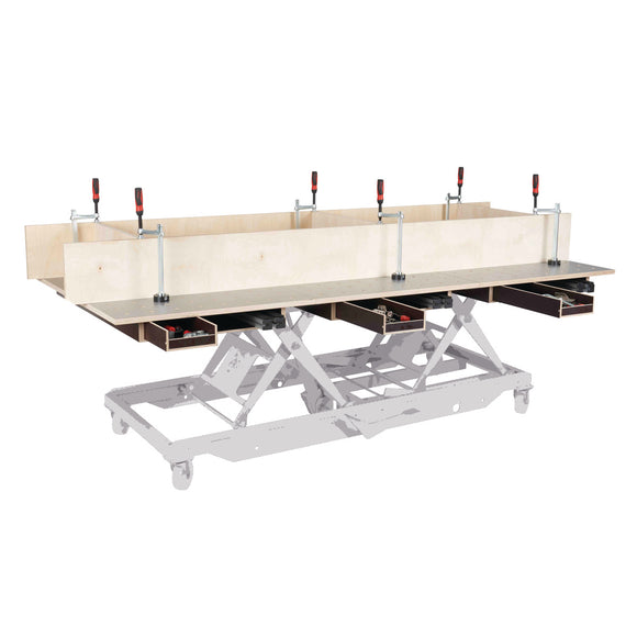 Table top 120x80 cm, HPL perforated grid plate Ø20 mm, with drawer